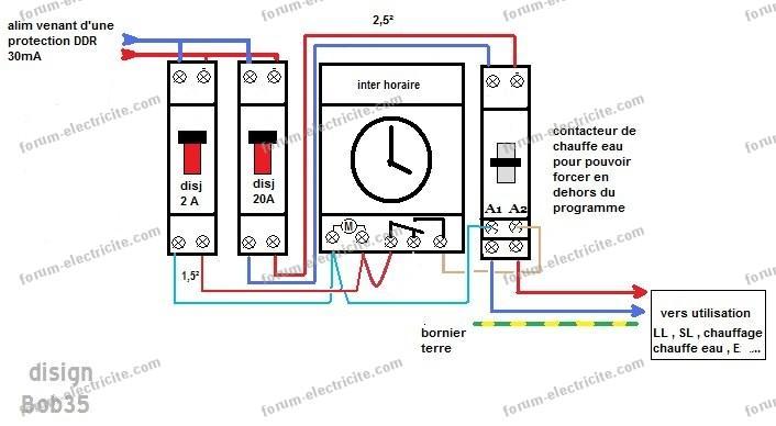 cablage d'une horloge d'un cumulus/chaufe eau  Schéma de câblage électrique,  Interrupteur horaire, Installation electrique maison