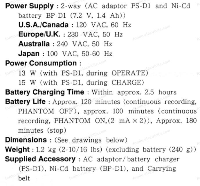 spécification alimentation DAT Tascam